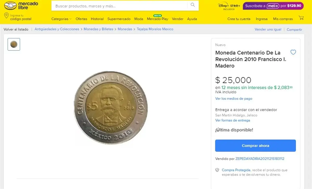 Moneda conmemorativa de Francisco I. Madero se vende en $25 mil pesos