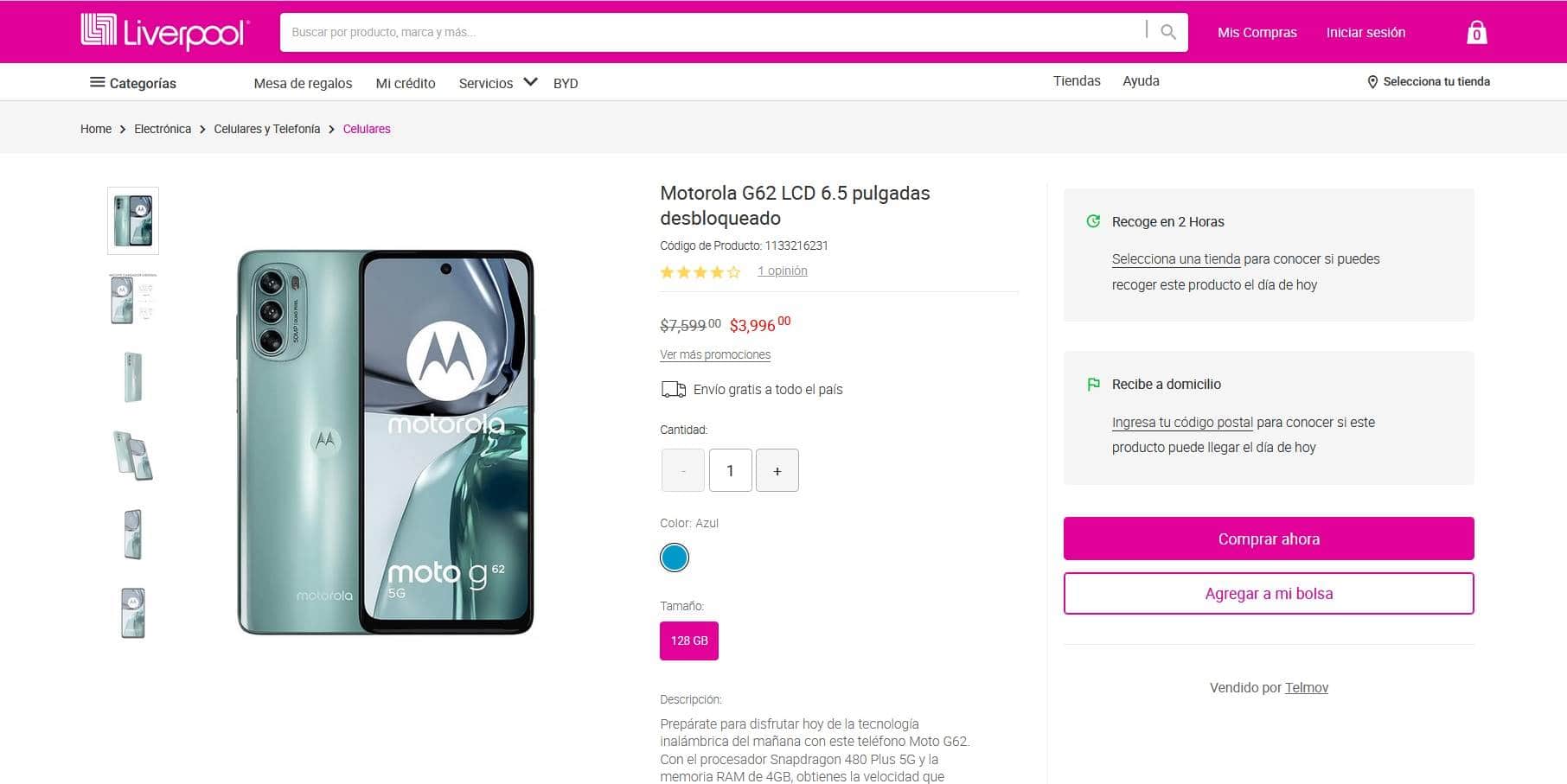 Smartphone Motorola Moto G62 en rebaja en Liverpool