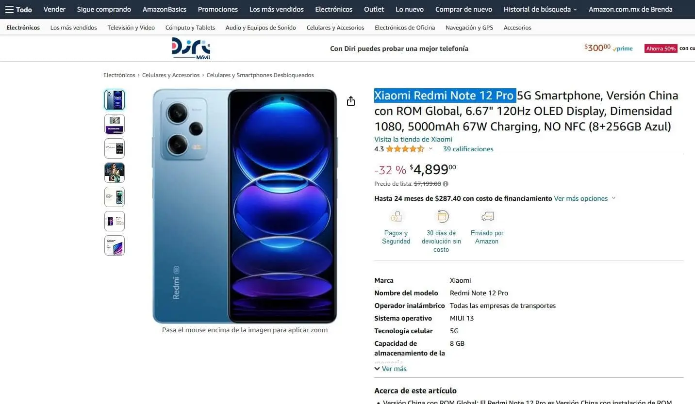 Smartphone Redmi Note 12 Pro con descuento en Amazon