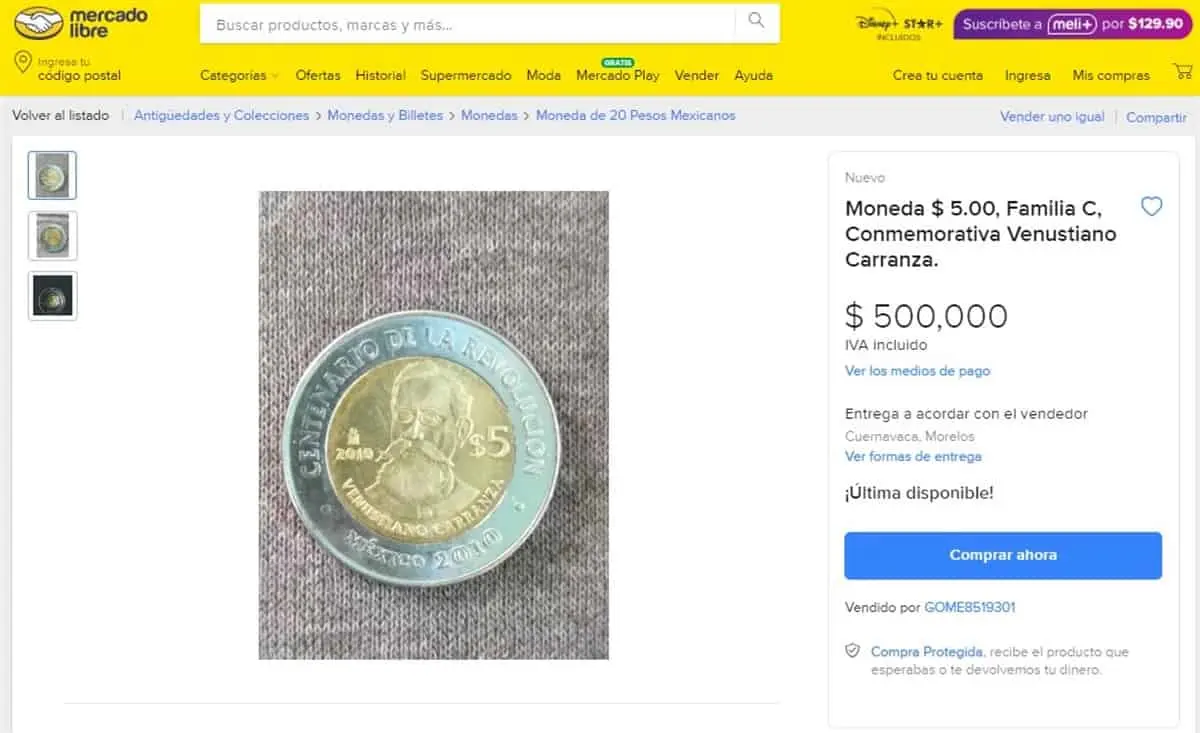 Moneda conmemorativa de Venustiano Carranza se oferta en medio millón de pesos