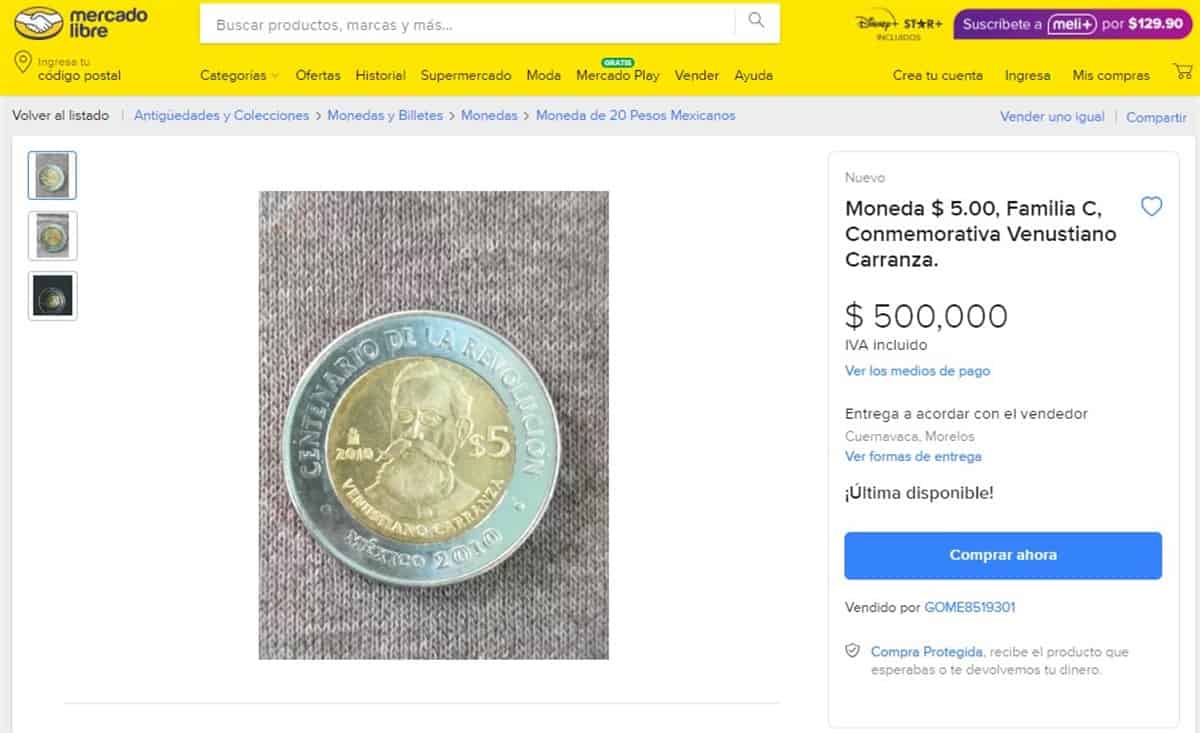 Moneda conmemorativa de Venustiano Carranza se oferta en medio millón de pesos