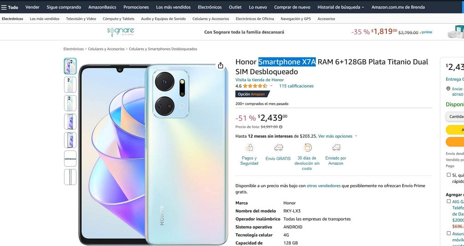 Características del smartphone Honor X7a y precio de descuento en Amazon