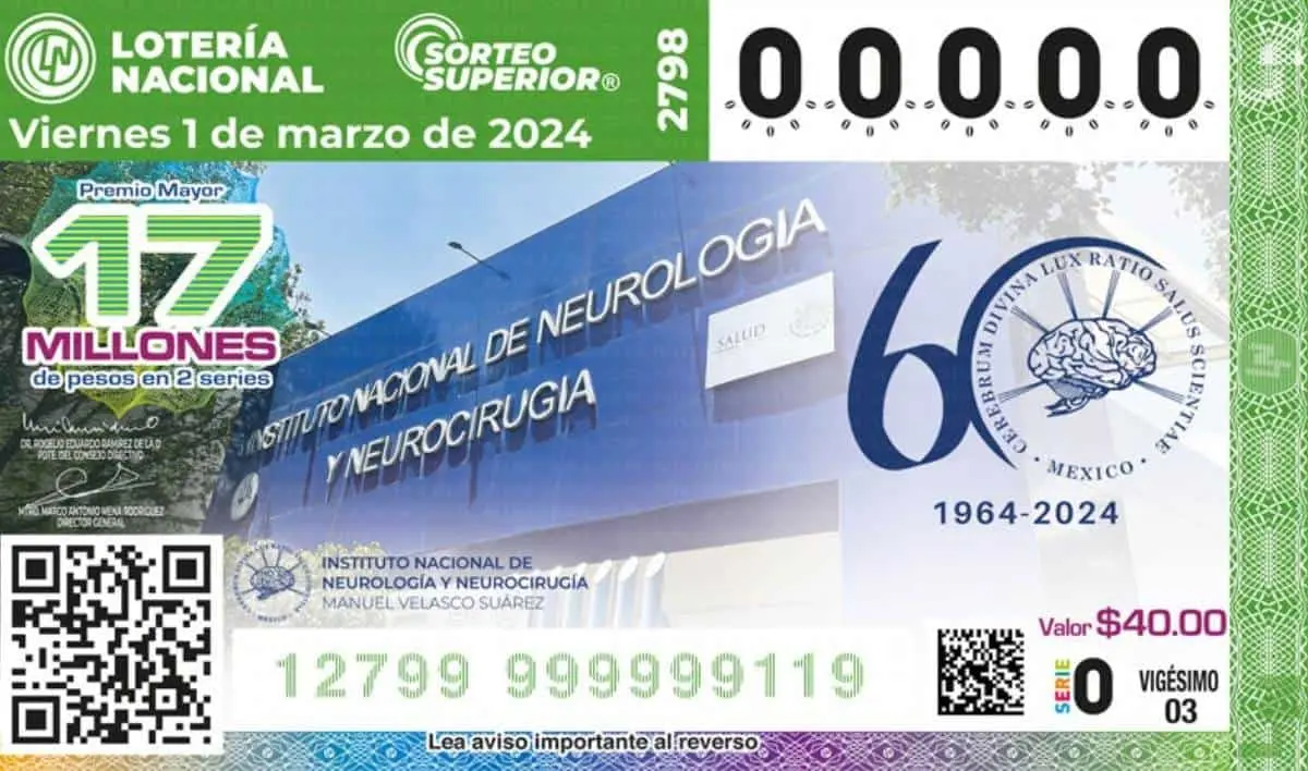 El billete del Sorteo Superior 2798 fue alusivo a los 60 años del INNN. Foto: Lotería Nacional