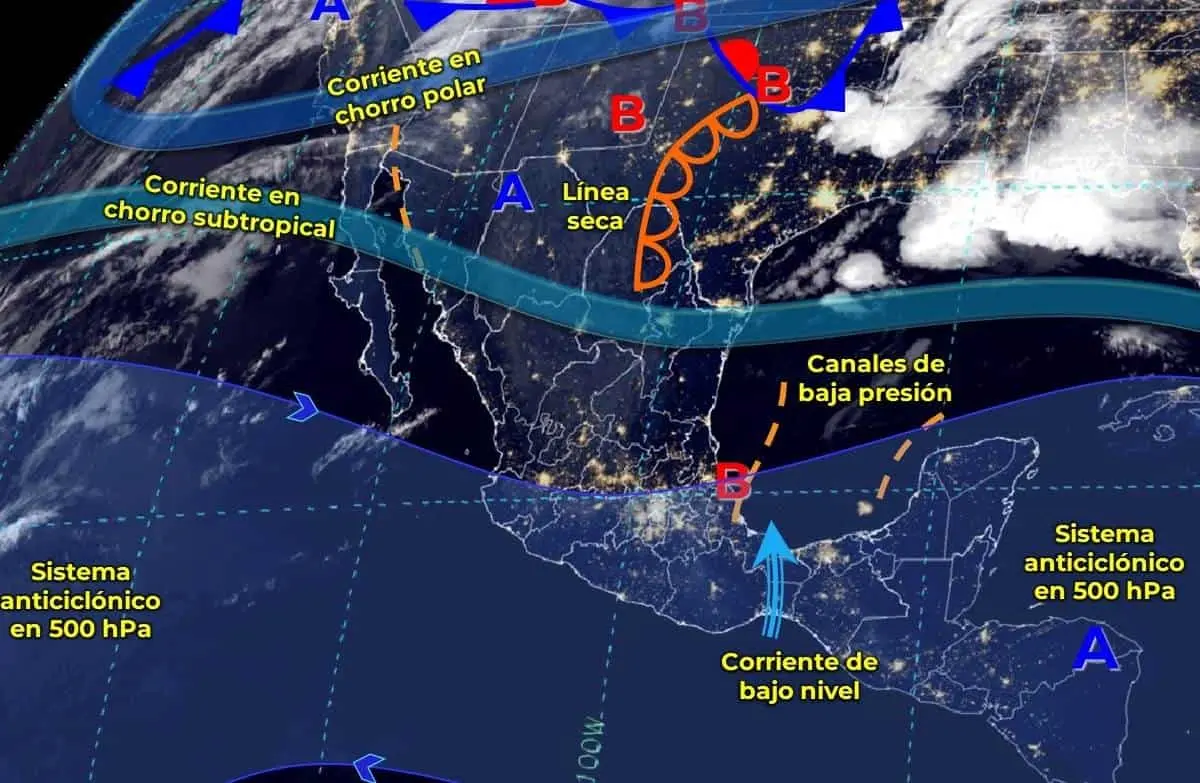 Canales de baja presión y una línea seca producirán lluvias y rachas de viento en algunas regiones. Imagen: Conagua