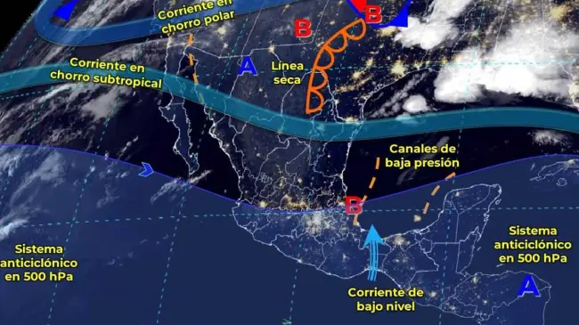 Canales de baja presión y una línea seca producirán lluvias y rachas de viento en algunas regiones. Imagen: Conagua
