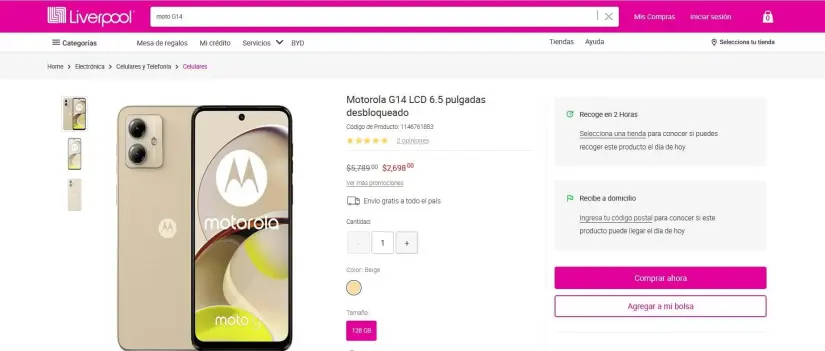 Smartphone Motorola Moto G14 y su precio de rebaja en Liverpool