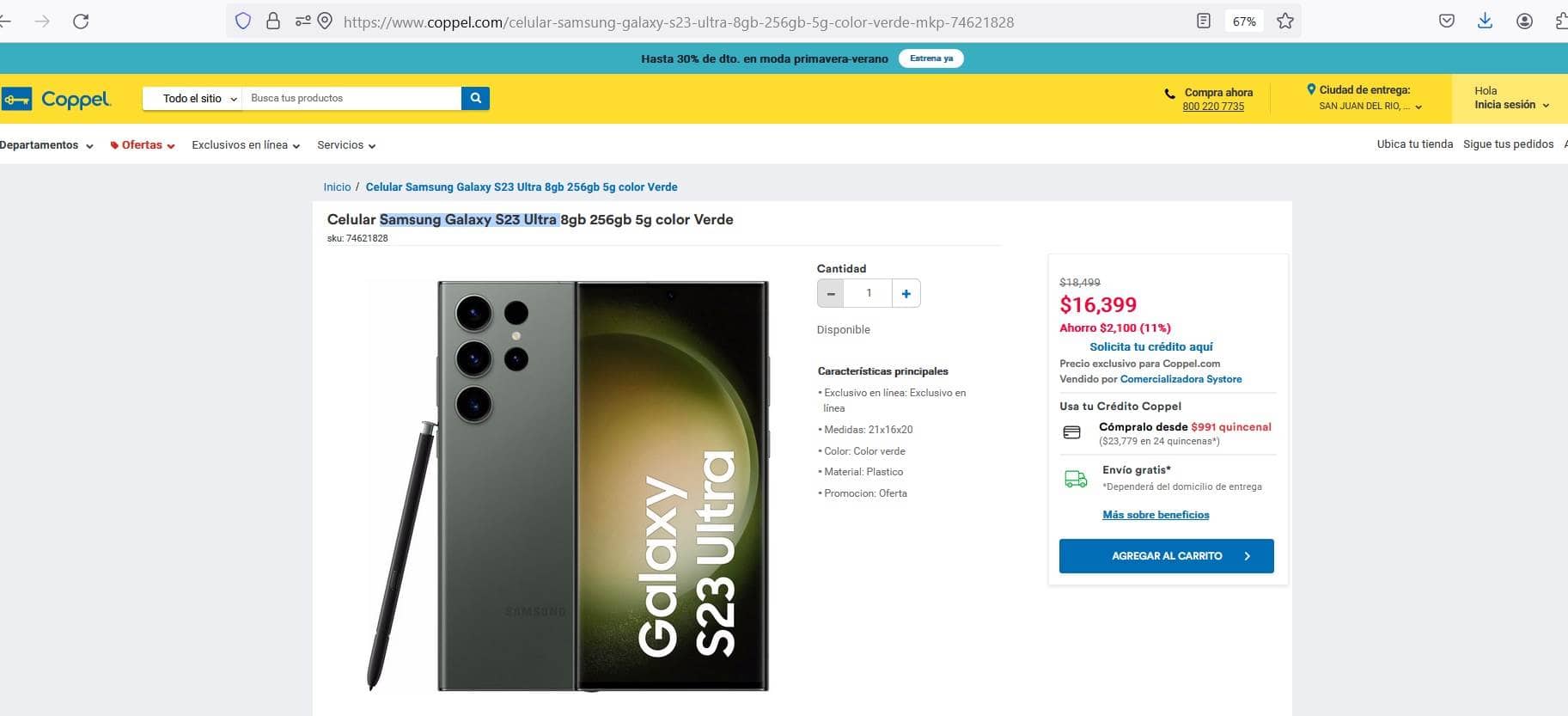 Smartphone Samsung Galaxy S23 Ultra con rebaja en Coppel en línea