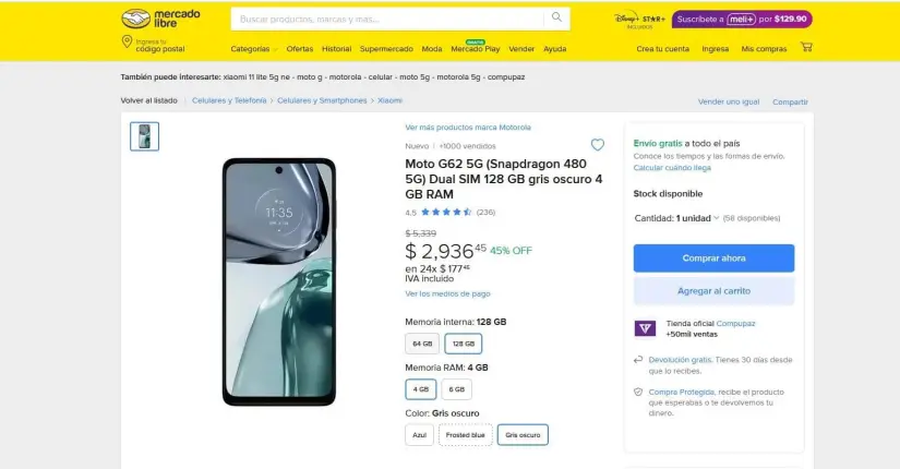 Smartphone Motorola Moto G62 con descuento