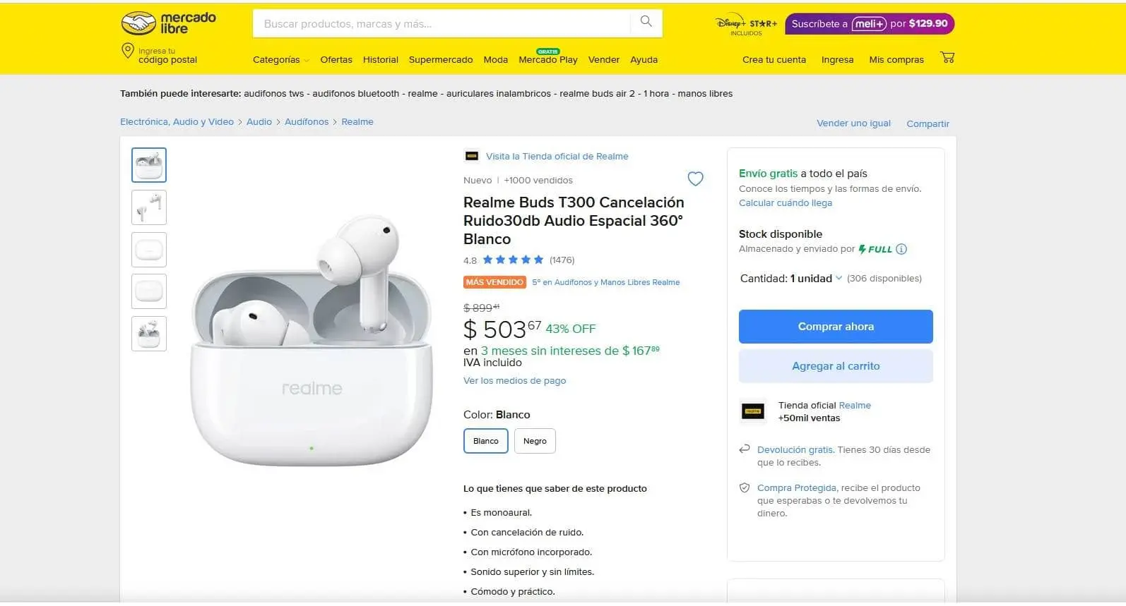 Auriculares Realme T300 con descuento en Mercado Libre