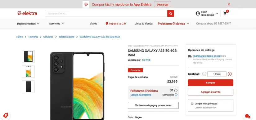 Smartphone Samsung Galaxy A33 con descuento en Elektra