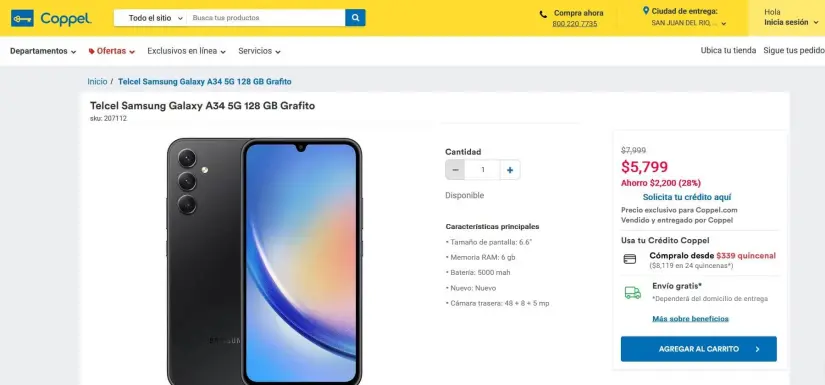 Smartphone Samsung Galaxy A34 con descuento en Coppel