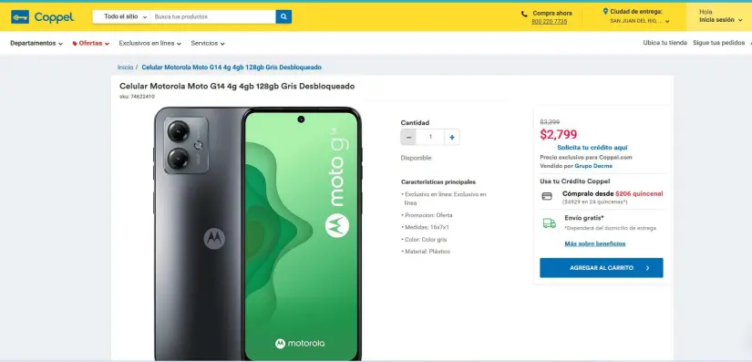 Precio del smartphone Motorola Moto G14 en Coppel