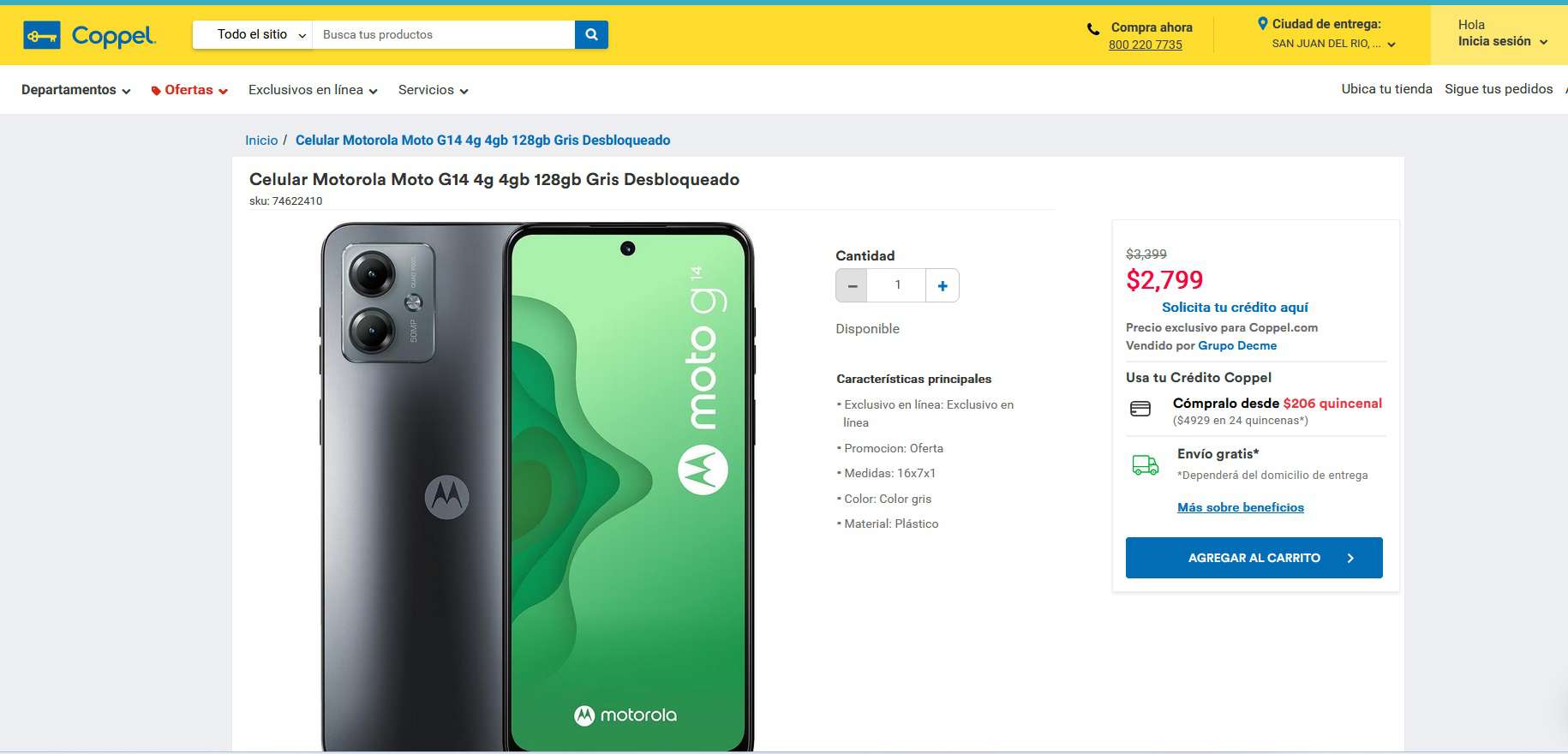Precio del smartphone Motorola Moto G14 en Coppel