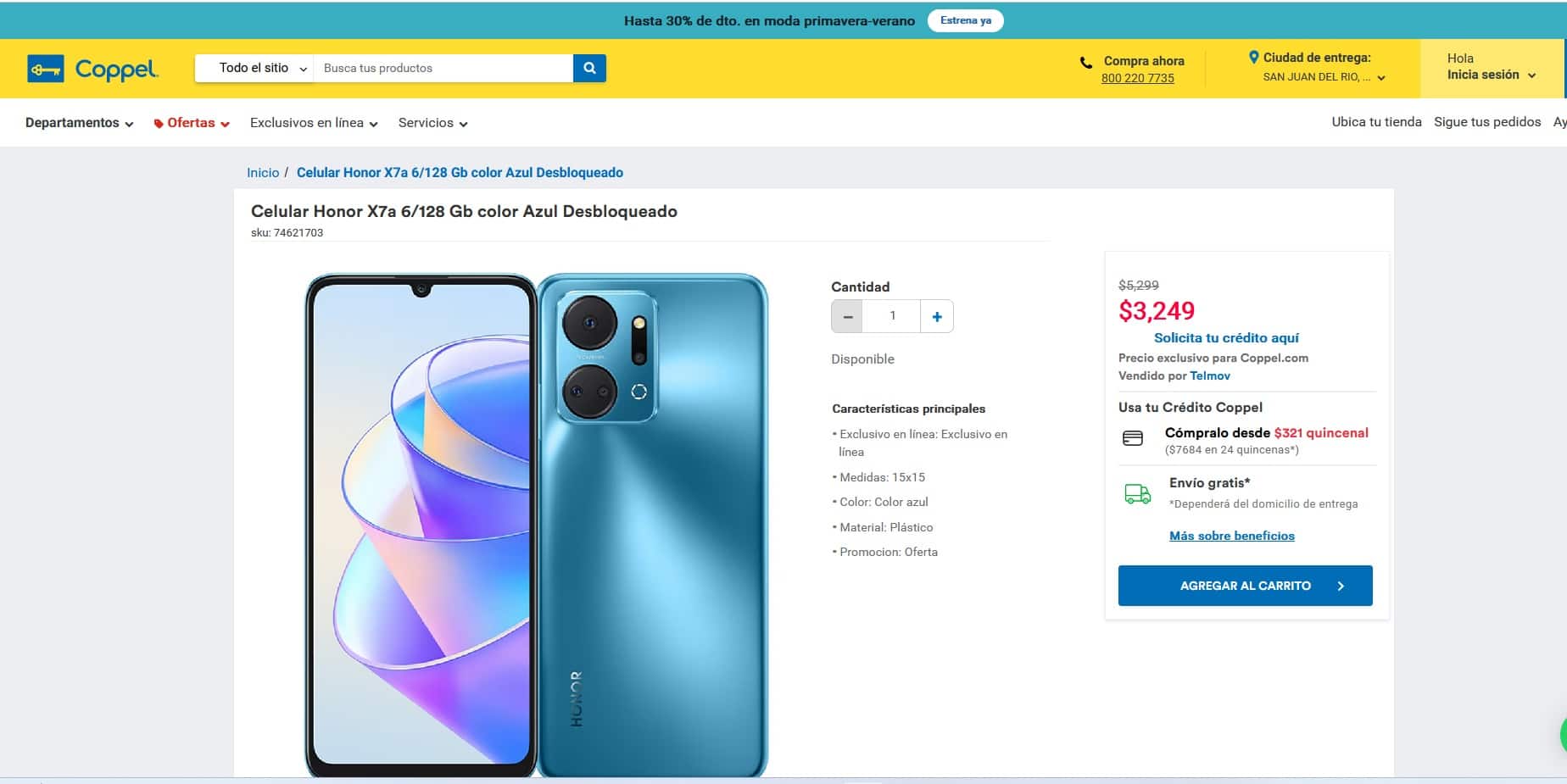 Smartphone Honor X7a de la gama media con descuento en la página de internet de Coppel