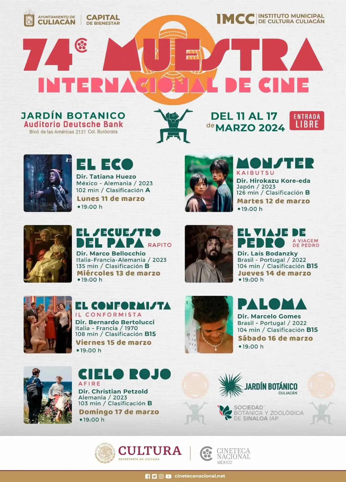 Cartelera de películas que se exhiben en la 74° Muestra Internacional de Cine en Culiacán. Imagen: IMCC