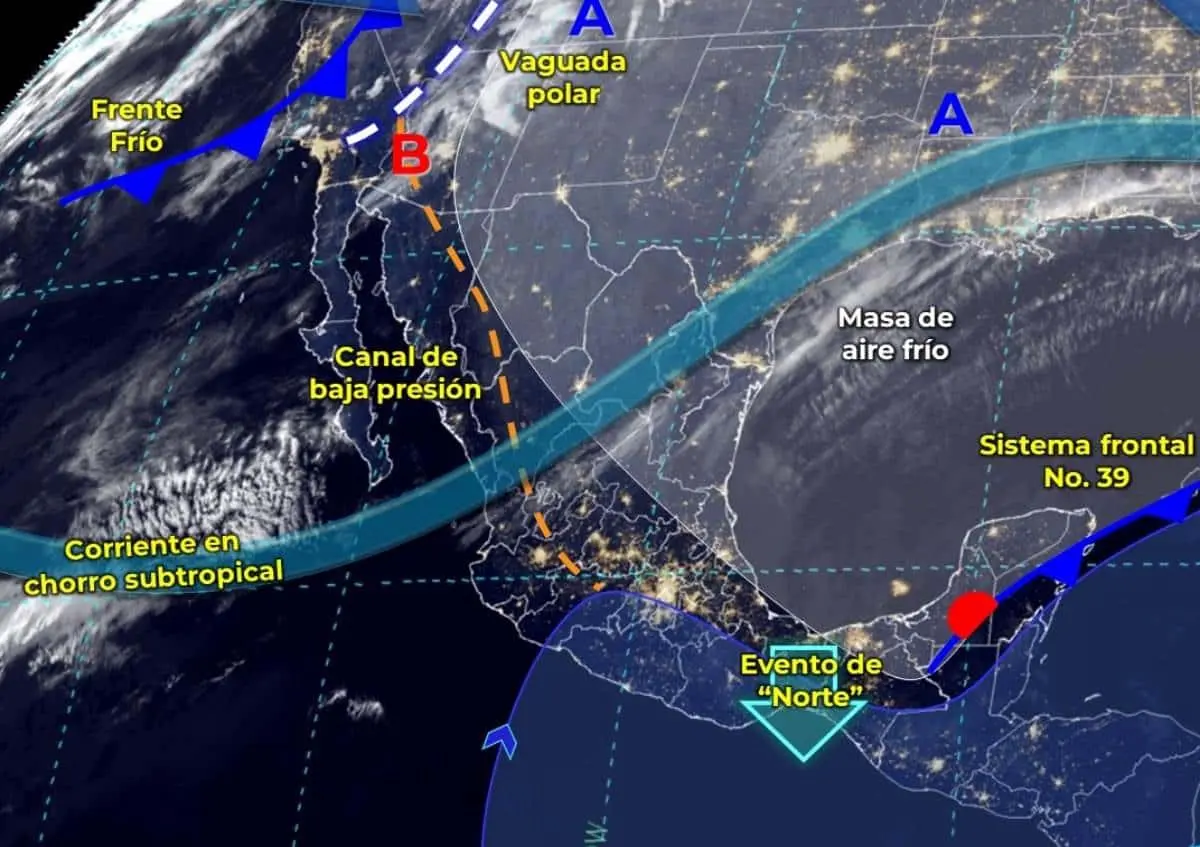 El frente no. 39 y su masa de aire frío causarán lluvias y bajas temperaturas en gran parte de México. Imagen: Conagua