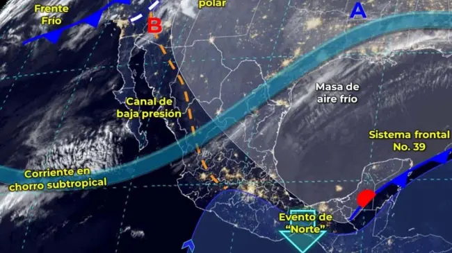 El frente no. 39 y su masa de aire frío causarán lluvias y bajas temperaturas en gran parte de México. Imagen: Conagua