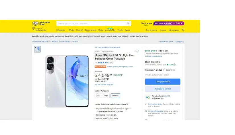 El smartphone Honor 90 Lite en rebaja en Mercado Libre