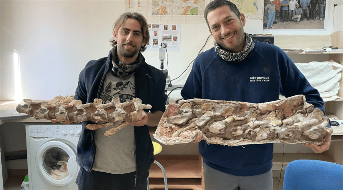 El fósil de dinosaurios uno de los más completos.  Damien Boschetto (izquierda) y Jean-Marc Veyssières (derecha). Crédito. Damián Boschetto