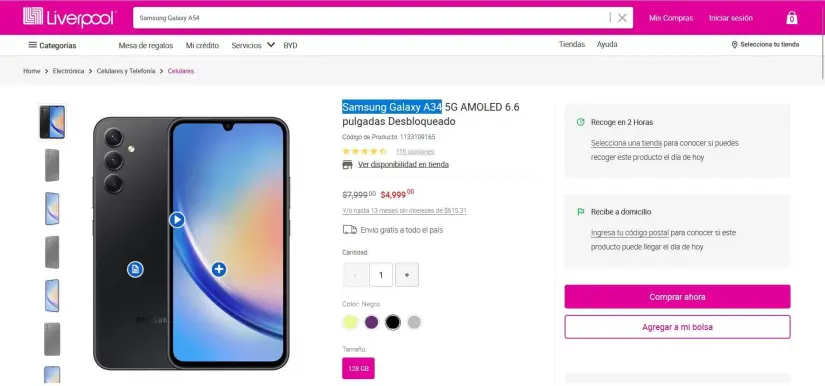 Precio del smartphone Samsung Galaxy A34 en Liverpool