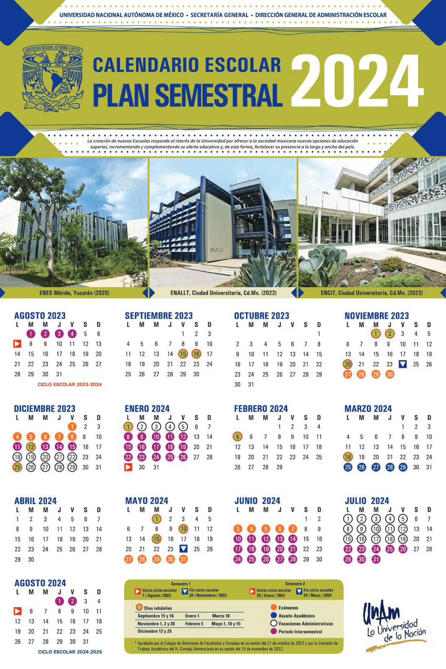 Calendario semestral UNAM 2024.
