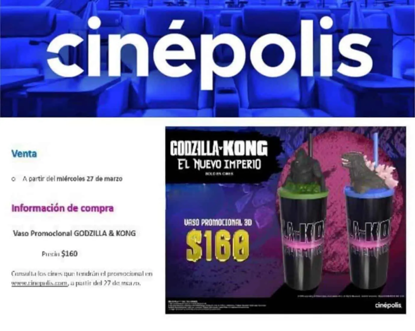 Venta de vasos de la película de Godzilla. Foto Coleccionables de Cines y Más