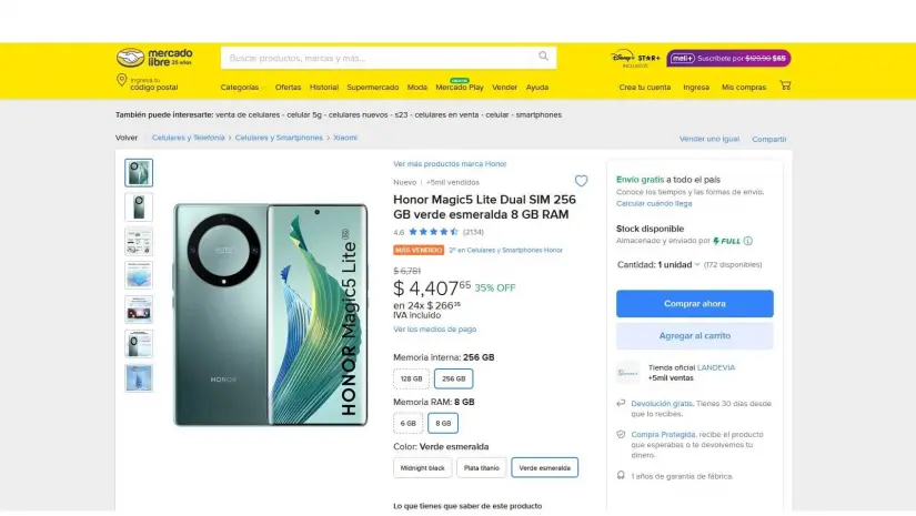 Cuánto cuesta el Honor Magic5 Lite en Mercado Libre