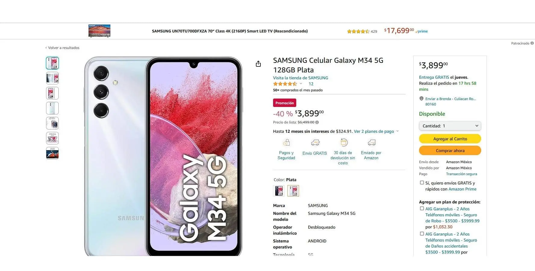 cuanto cuesta el samsung galaxy M34 en Amazon