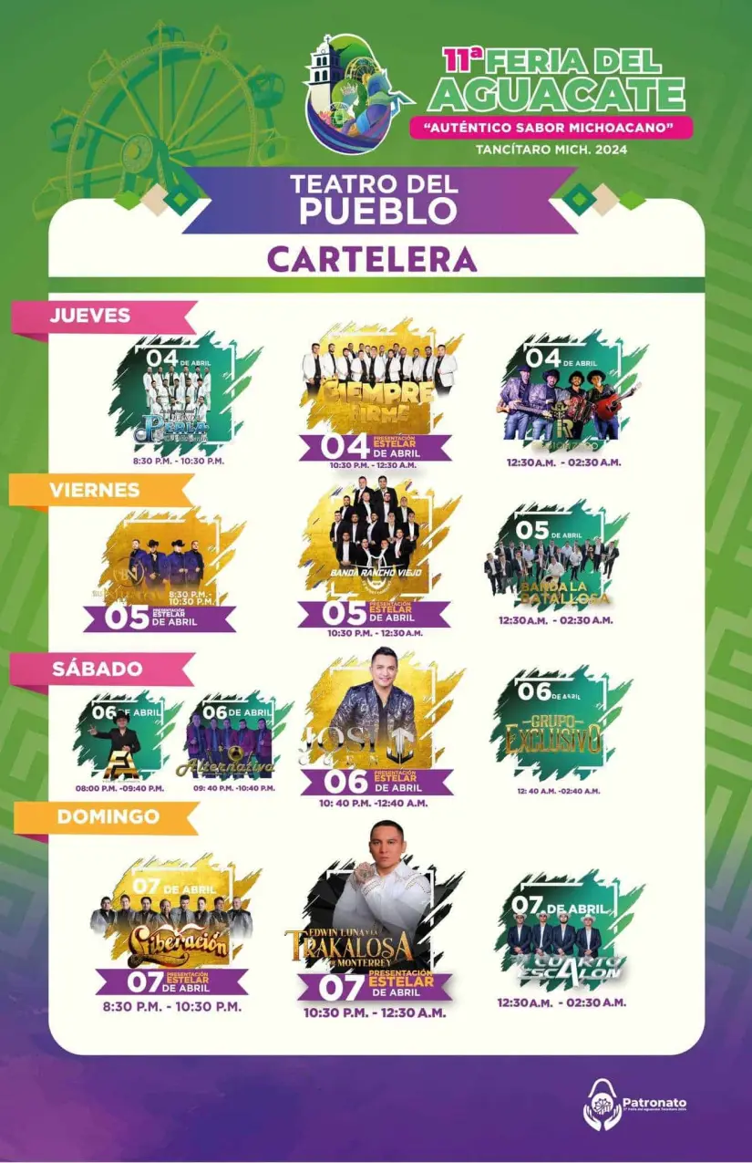 Cartelera de artistas de la Feria del Aguacate 2024 de Tancítaro, en Michoacán