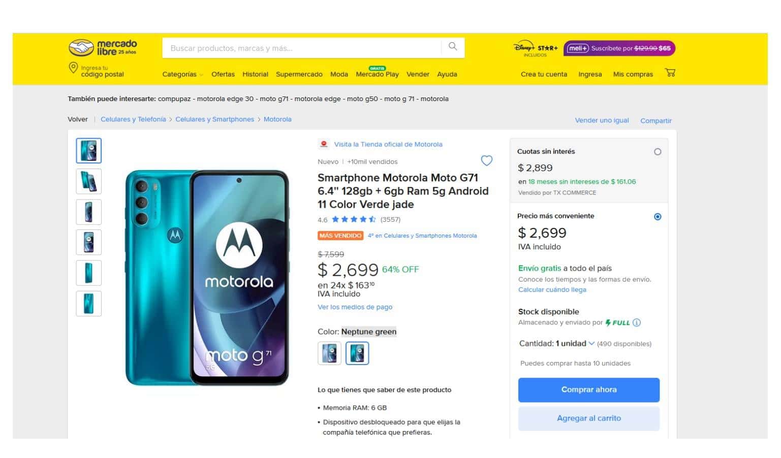  Cuánto cuesta el smartphone Motorola Moto G71 en Mercado Libre