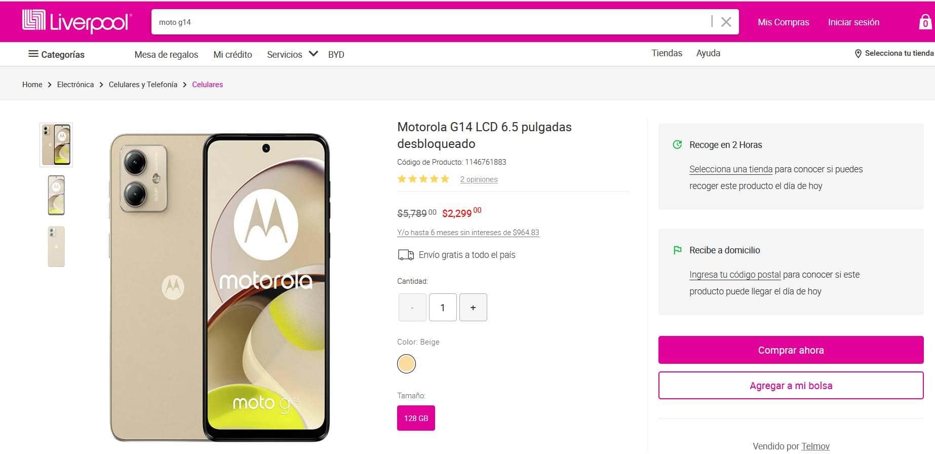 Smartphone Motorola Moto G14 en remate en Liverpool