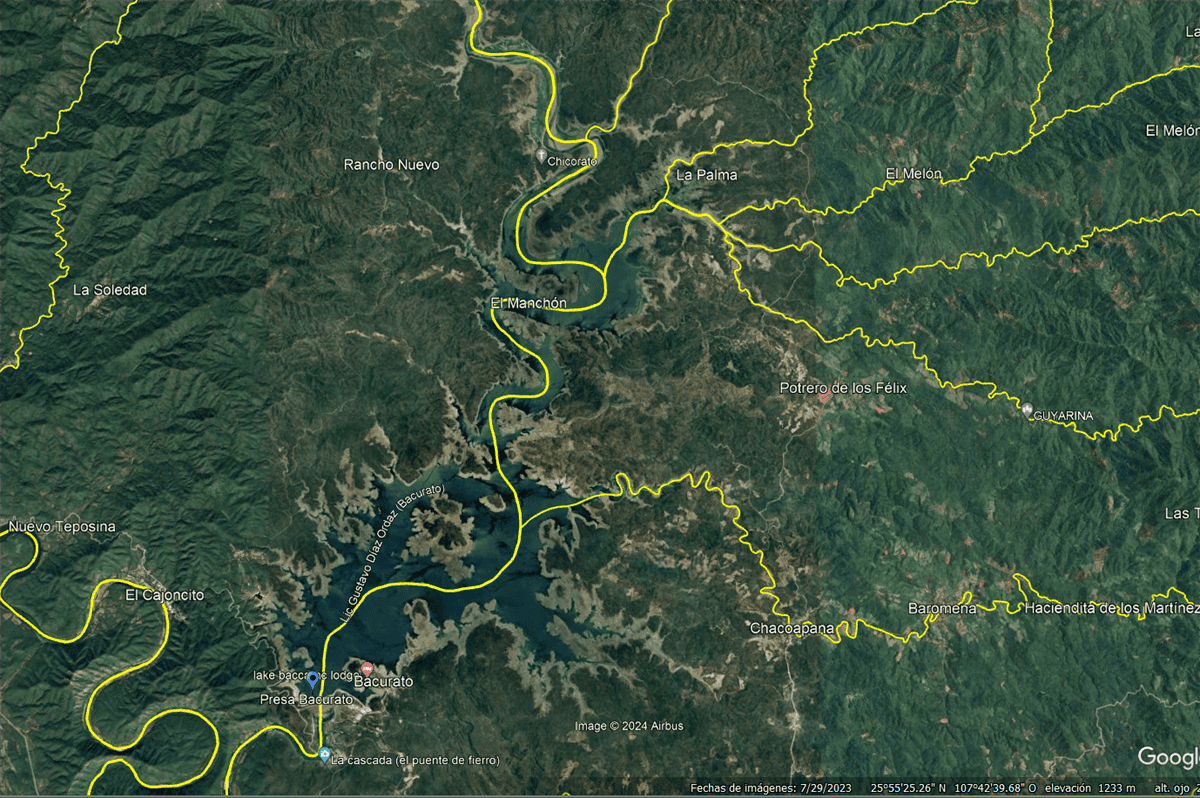 Vista satelital dela presa Bacurato sobre el Río Sinaloa y sus afluentes