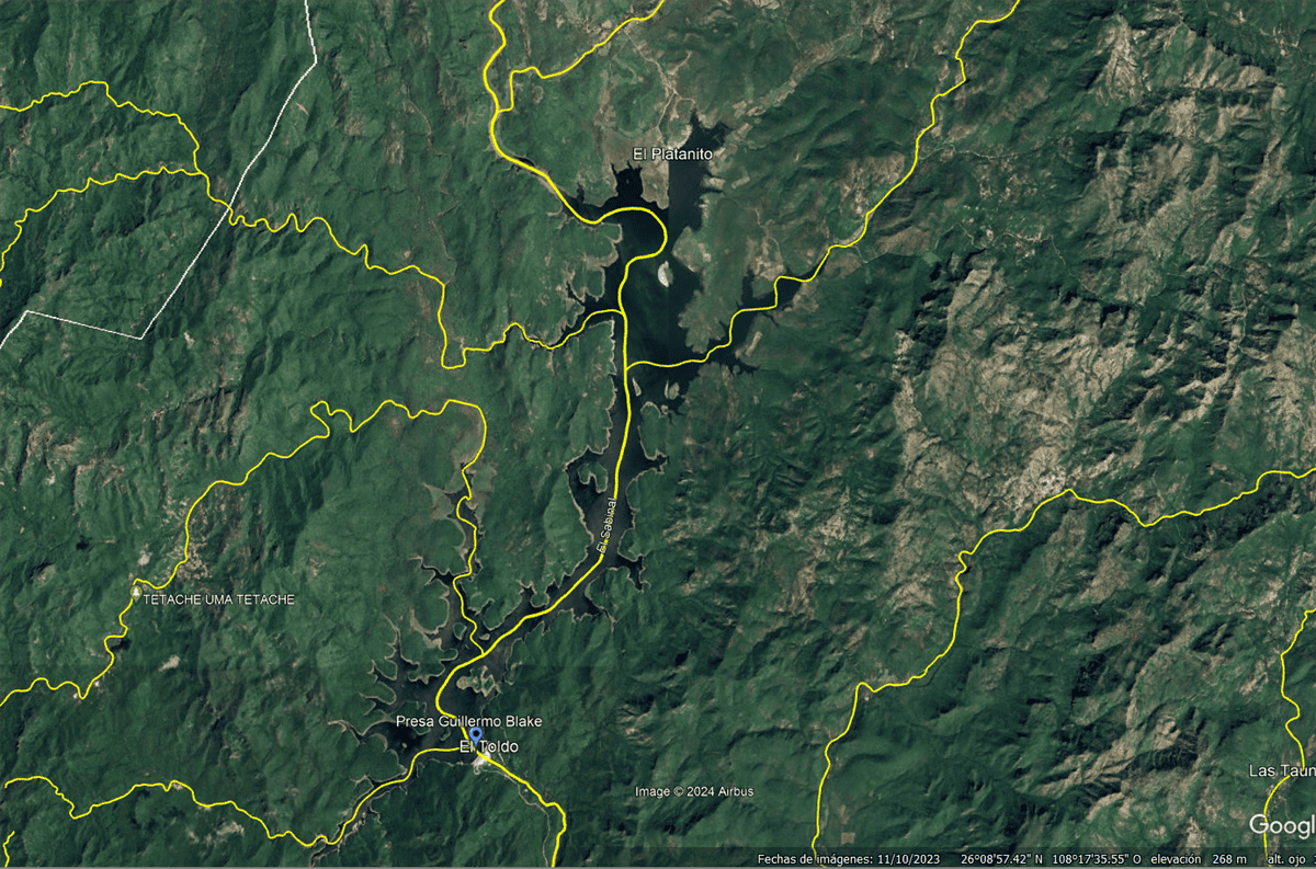 Vista satelital de la presa Presa Lic. Guillermo Blake Aguilar (El Sabinal) y afluentes