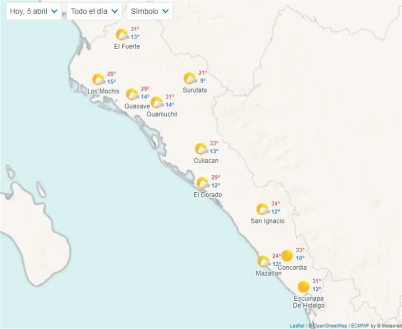 Pronóstico del clima en Sinaloa para este viernes 5 de abril. Imagen: Meteored