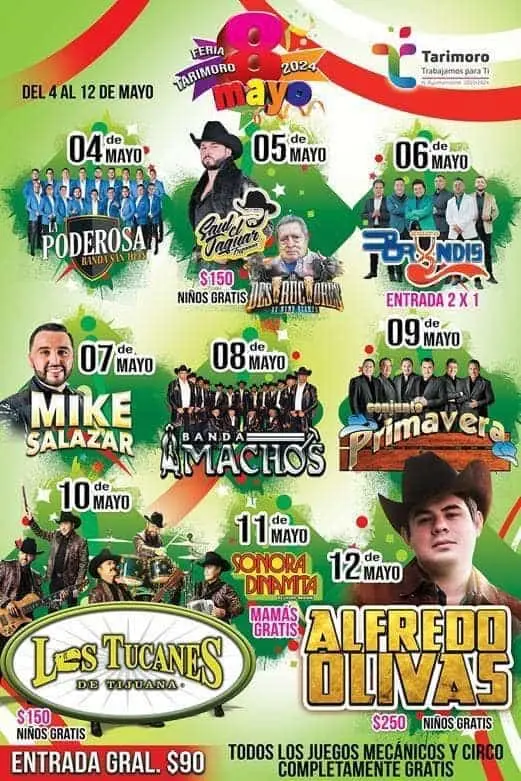 Cartelera de artistas en la Feria del 8 de mayo 2024 de Tarimoro
