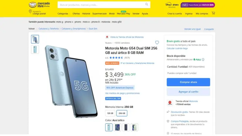 Precio del smartphone Motorola Moto G54 en Mercado Libre