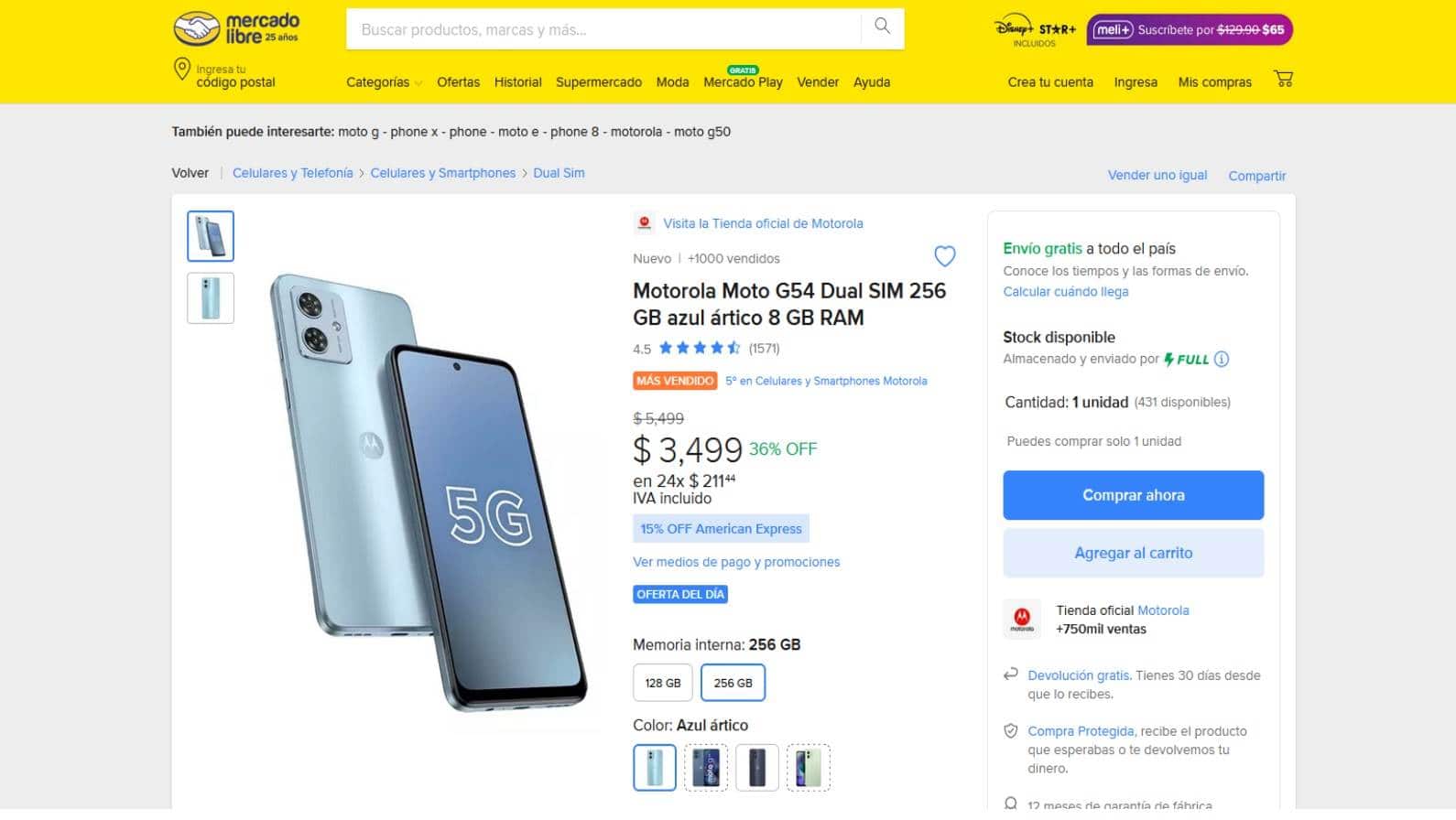 Precio del smartphone Motorola Moto G54 en Mercado Libre