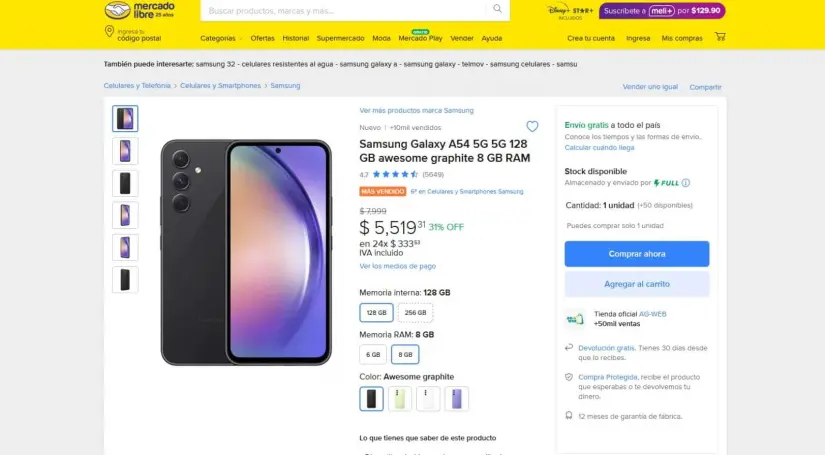 Smartphone Samsung Galaxy A54, precio