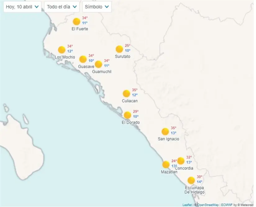 Clima en Sinaloa hoy miércoles 10 de abril