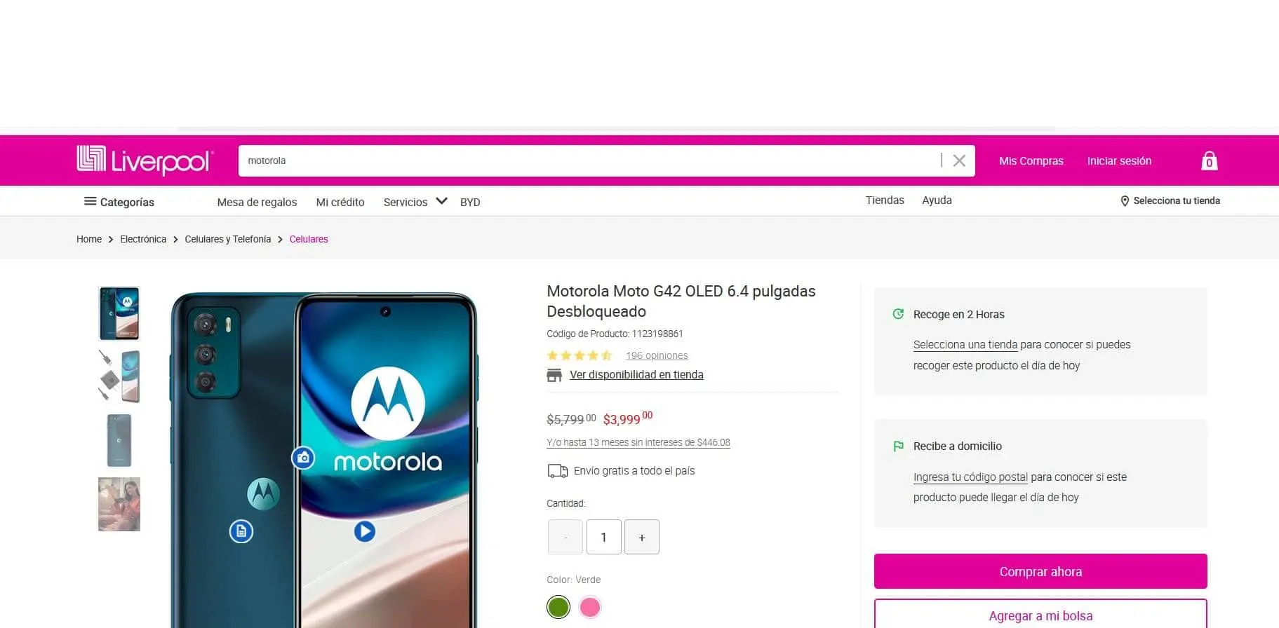 Precio del smartphone Motorola G42 en Liverpool