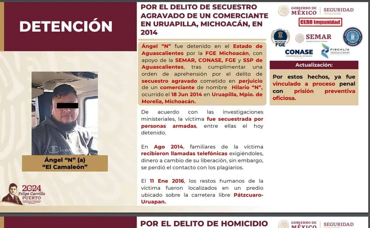 Ángel “N” fue detenido en el Estado deAguascalientes