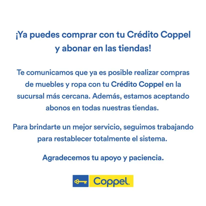 Mensaje de Coppel tras restablecer su sistema