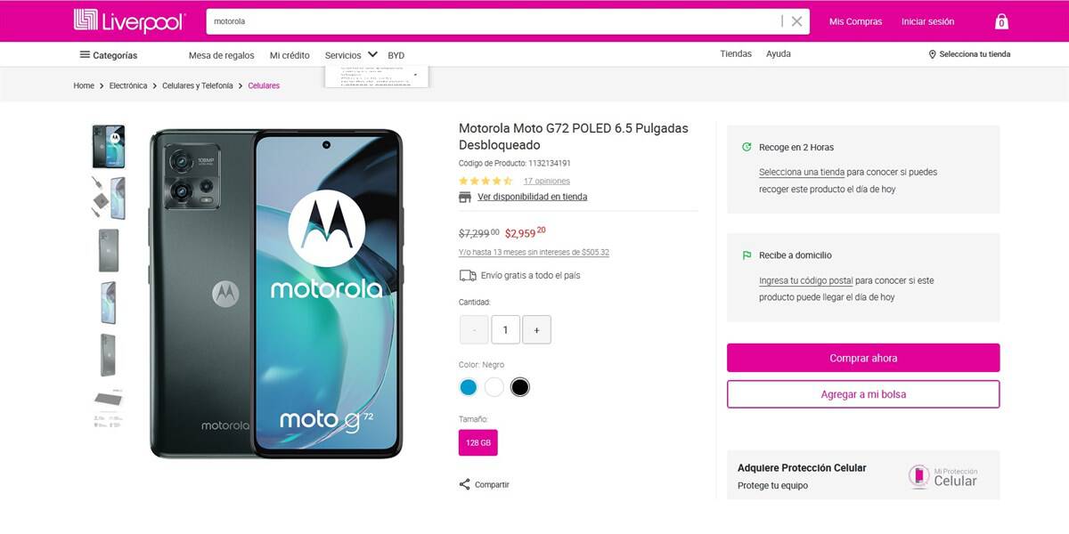 smartphone Motorola Moto G72 y `su precio