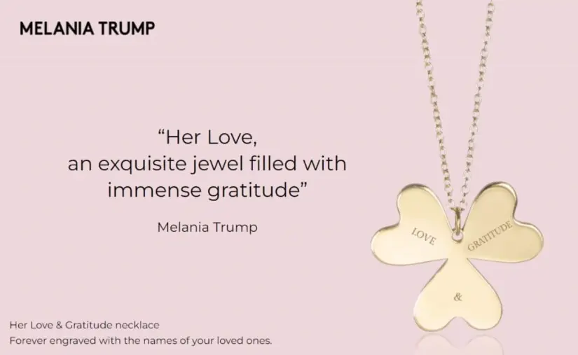 Melania Trump lanza collar edición especial para celebrar el Día de las Madres El collar está hecho de oro Vermeil y luce una flor con pétalos en forma de corazón. Imagen: Melania Trump