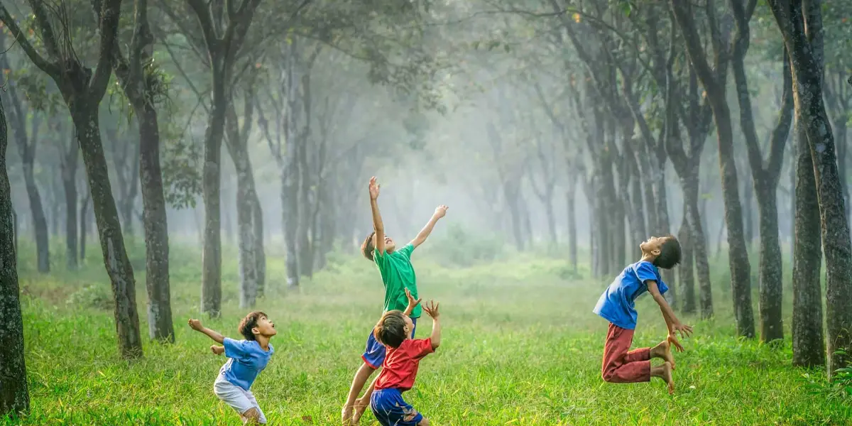 Niños se divierten jugando a la pelota en un bosque.