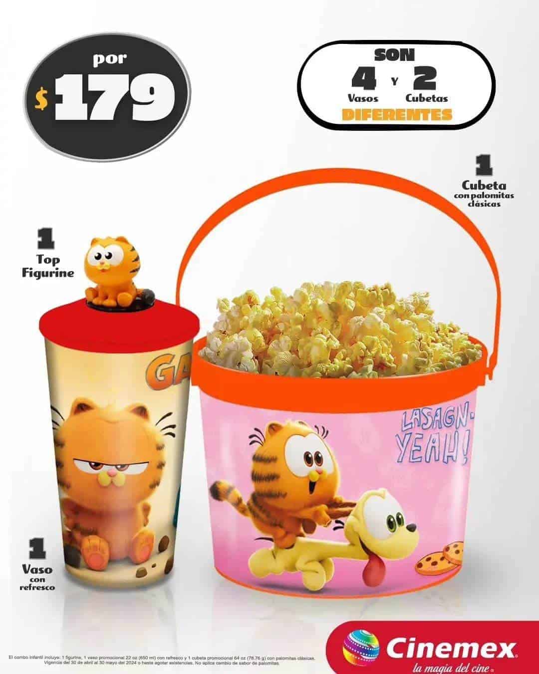 Precio de las palomeras y vasos de Garfield en Cinemex