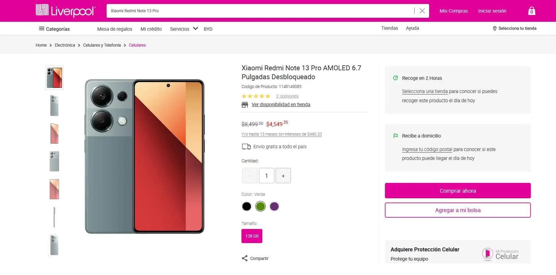 Precio del smartphone Xiaomi Redmi Note 13 Pro en Liverpool