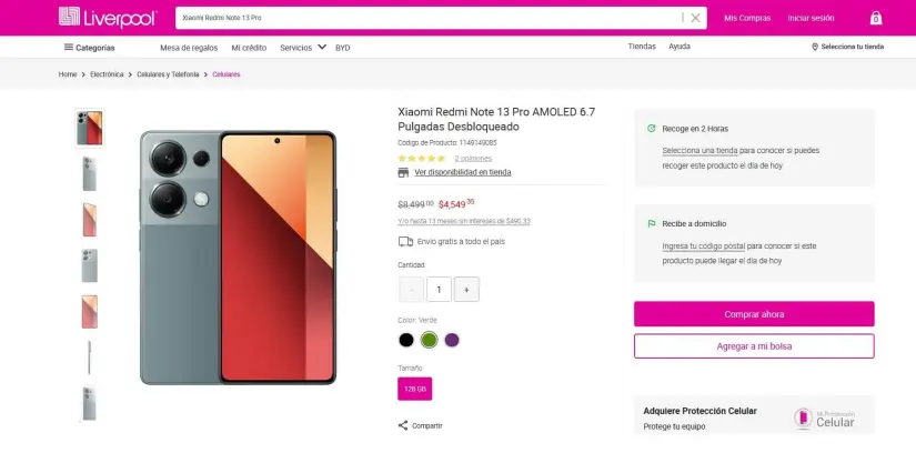 Precio del smartphone Xiaomi Redmi Note 13 Pro en Liverpool