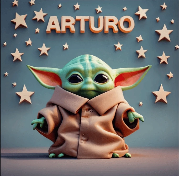 Nombres con temática de Pikachu y Baby Yoda en 3D, generados por la inteligencia artificial