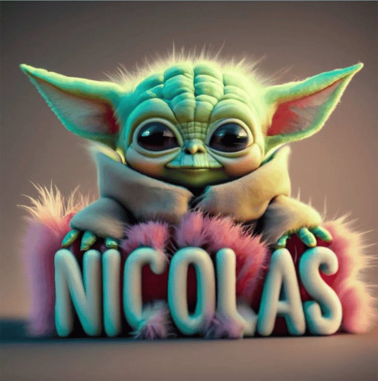 Nombres con temática de Pikachu y Baby Yoda en 3D, generados por la inteligencia artificial